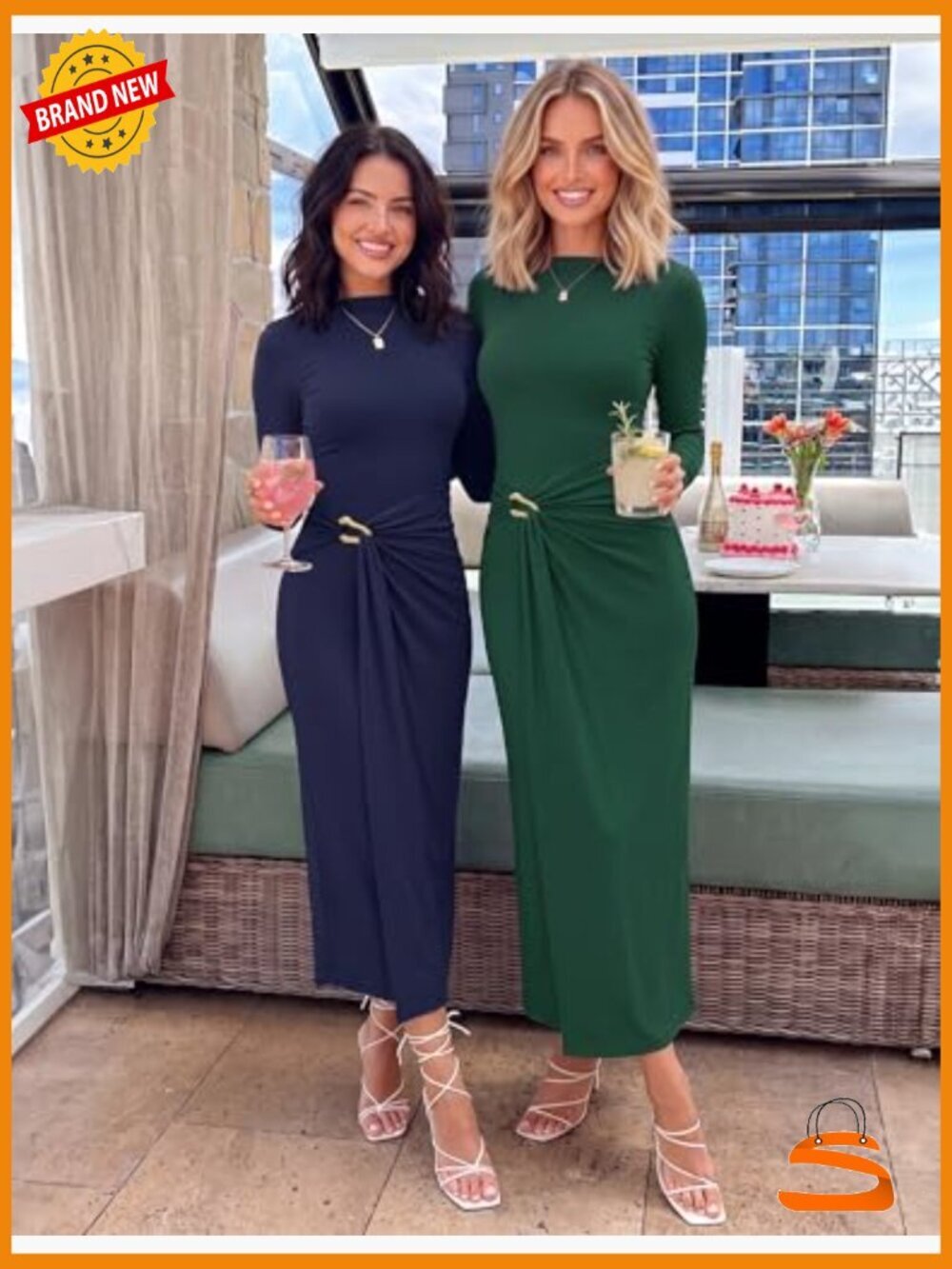 Long Sleeve Mock Neck Bodycon Midi Dress Cocktail Party Wedding Guest Dress - Picture 6 of 7